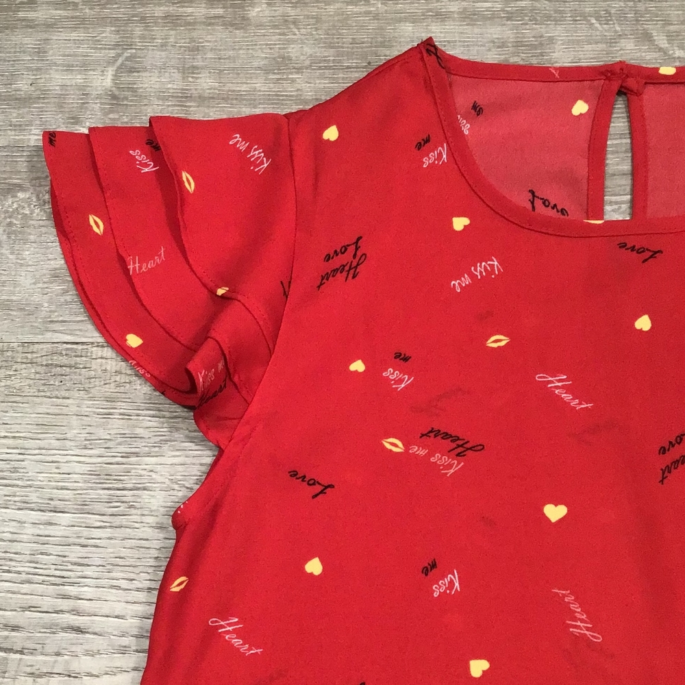 Feminine Chic Love Heart Red Layered Ruffles Sleeves Top